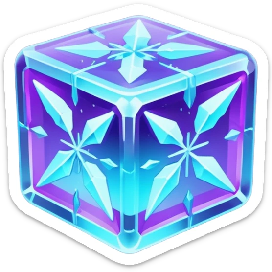 glowing ice crystal cube, icy neon cyan highlights, purple neon accents, dark background, digital tech style. sticker