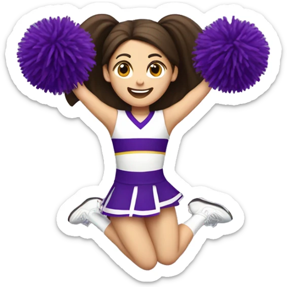 Caucasian cheerleader with long dark brown hair, jumping and holding up two purple Pom poms, small full body emoji sticker