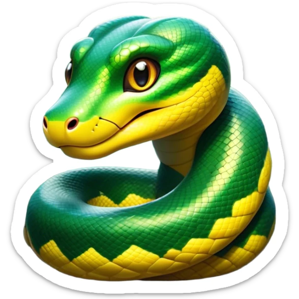 Cinematic Cute Anaconda Portrait Emoji, Head tilted playfully and inquisitively, with a sleek, shimmering body adorned with detailed scale patterns and round, sparkling eyes full of wonder, Simplified yet irresistibly adorable features, highly detailed, glowing with a warm, friendly jungle glow, high shine, affectionate and lively, stylized with a touch of whimsical reptilian charm, soft glowing outline, capturing the essence of a mischievous serpent that feels like it could slither out of the screen into your arms! sticker