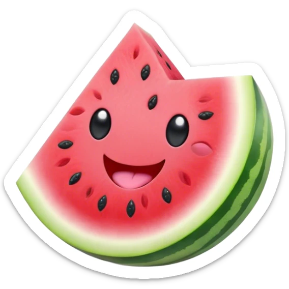 Cute Kawaii Watermelon Slice, juicy and vibrant, soft pastel green rind with pink flesh, tiny black seeds shaped like hearts, an adorable happy face with cute round eyes, bursting with summer energy! sticker
