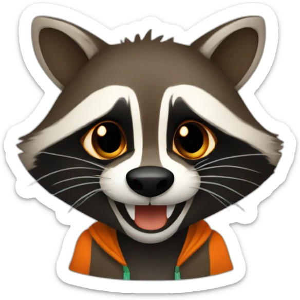 brown raccoon with orange eyes and a dark green hood that is laughing sticker