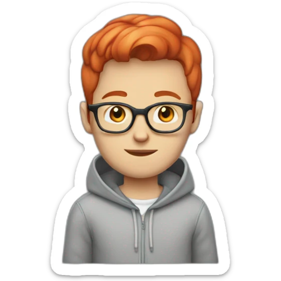 white kid with short red hair styled in a combover with gray hoodie and glasses sticker