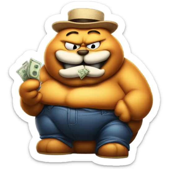 Fat Garfield smoking a cigar holding moneybags in an airbrush style  sticker