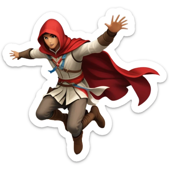 An icon featuring a hero performing a leap of faith from a tower in Florence, inspired by adventure games like Assassin's Creed. The design captures the dramatic moment mid-air, with detailed architecture and a bustling city below. Transparent background sticker