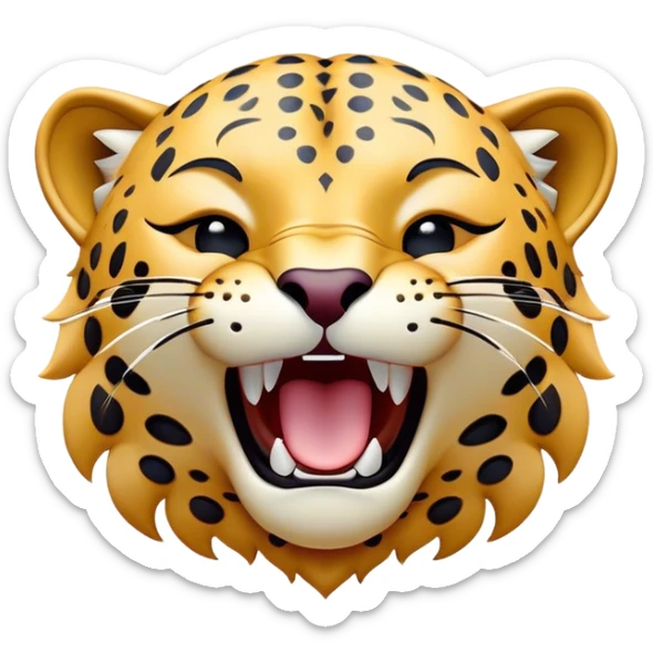 Cinematic Cute Yawning Jaguar Portrait Emoji, Head tilted slightly with a dramatic, wide-open yawn, showcasing a lithe, graceful build with distinctive rosette patterns and sleepy, half-closed eyes, Simplified yet irresistibly adorable features, highly detailed, glowing with a soft, cozy wild glow, high shine, relaxed yet expressive, stylized with a dash of whimsical feline charm, soft glowing outline, capturing the essence of a drowsy yet affectionate guardian that appears ready to stretch out for a nap! sticker