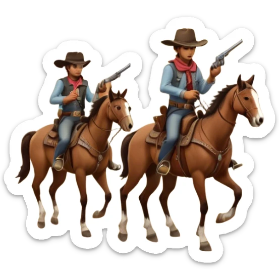 Icon for Western: A dramatic scene with cowboys on horseback, a dusty desert landscape, a setting sun. Include a classic cowboy hat, revolvers and an old wooden saloon in the background. capture the essence of the Wild West with rugged and adventurous details. Transparent background. sticker