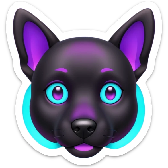 futuristic glowing black dog emoji, neon cyan eyes, purple #8B5CF6 highlights, tech minimal style, dark background sticker