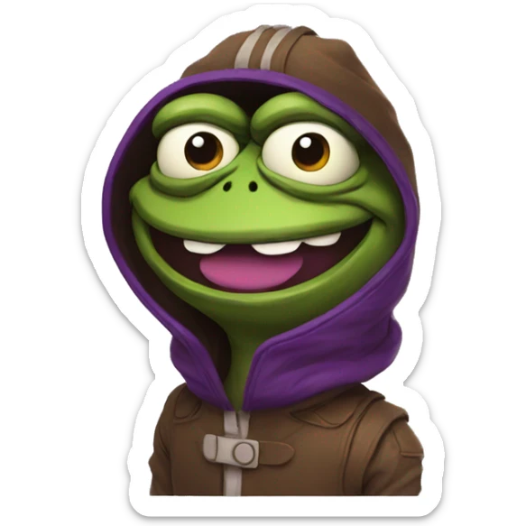 Pepe with a smile in brown and purple tones, stylish, brutal in a komonaut costume sticker