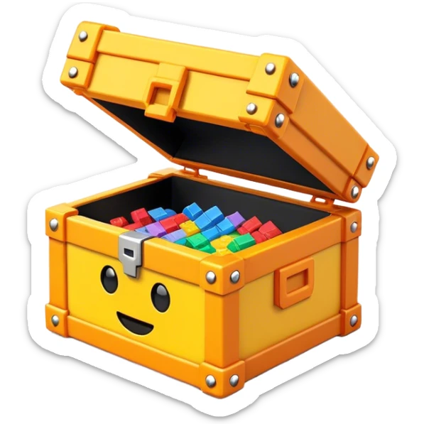 Clash of Clans aesthetic: Cinematic Playful Pixel 3D loot crate Emoji, rendered in a 3D vector-style similar to standard emojis with minimal shading and bold, simplified shapes. A compact, distinct form with signature details, softly glowing with a pixelated adventure charm. Simplified yet unmistakably iconic, highly detailed and consistent, glowing with a soft radiance and high shine. Stylized with a touch of classic pixel-art charm and a soft glowing outline, capturing the essence of a beloved gaming relic with a friendly, playful manner! sticker