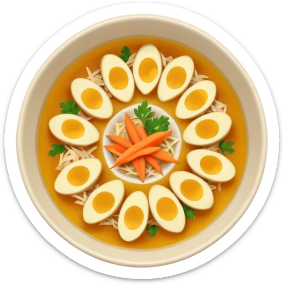 Emoji of a Mexican chicken broth (consomé de pollo): a warm golden soup with bits of shredded chicken, carrot, potato, and cilantro in a simple round bowl, viewed from above sticker