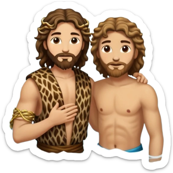 wavy hair John the Baptist, animal skin clothes, meets Jesus in the water, they have clothes on sticker