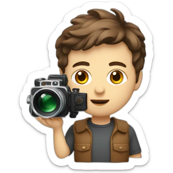 European film director with brown piled short hair holding a cinema camera sticker