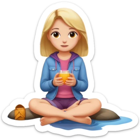 create emoji of girl looking at nature, sitting on the lake shore and watching sunset sticker