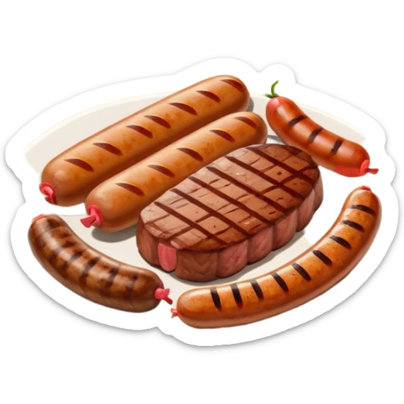 Meat dishes avatar in clean emoji-style illustration. Steak, roasted meat, and sausages, rich brown and red tones, simple shapes, flat design, hearty and appetizing. sticker