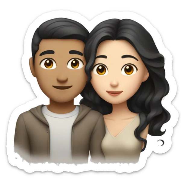 A half pale Asian man with short dark hair and amber eyes embracing and loving a half Asian woman with long wavy dark hair and dark hazel eyes. They love each other a lot And have good fashion taste. sticker