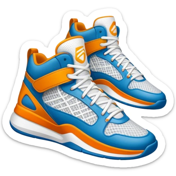 Cinematic Realistic image of a pair of basketball sneakers featuring detailed mesh and leather textures, vibrant color accents and dynamic design lines, illuminated by bold, high-energy arena lighting sticker
