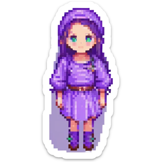 Change the girl's clothes to purple, keep the pixel art style, with no background. sticker