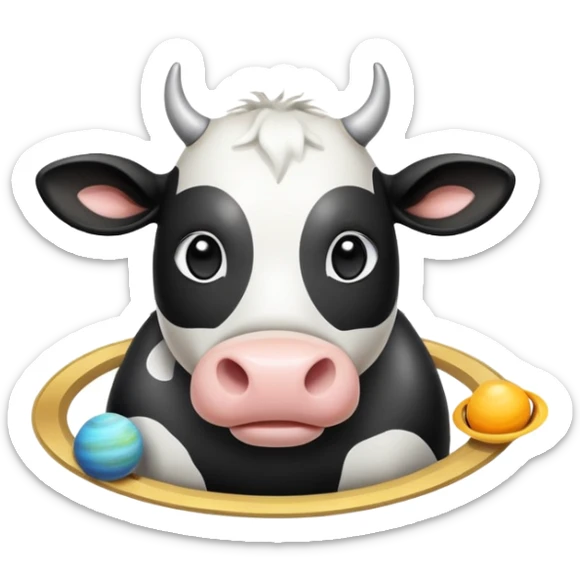 Cartoon cow face with Saturn as its body, the planetary rings circling the middle, and disproportionately large barefoot human feet at the bottom sticker
