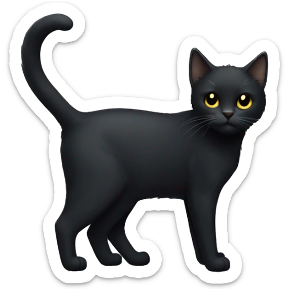 Full-body of a petite, solid black-furred cat with light yellow eyes, short fur, and small pointed ear tufts that blend into the black fur sticker