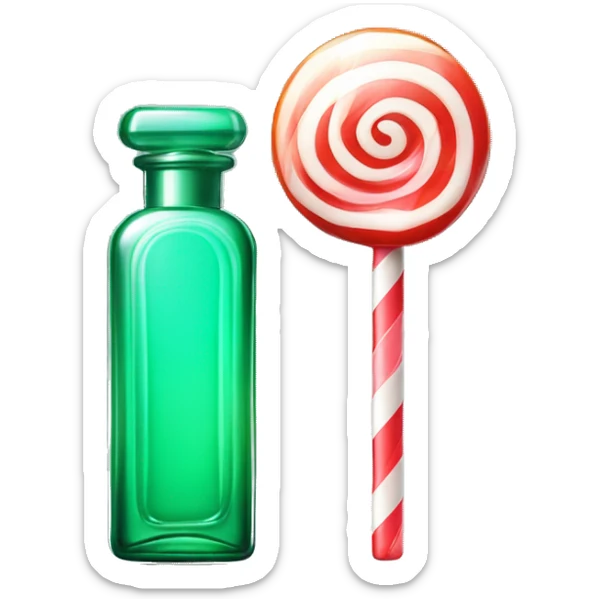 A glass bottle of perfume, like a lollipop, mint, glossy and emerald, shiny, rectangular in shape with a heart-shaped lollipop in the middle sticker
