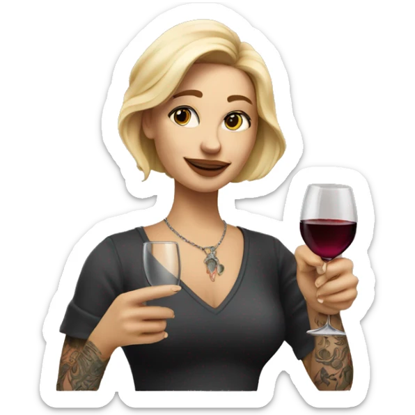 Create a hyper-realistic emoji of a blonde woman with tattoos, holding a glass of wine in one hand and pointing forward with the other, with an elegant and minimal design. sticker