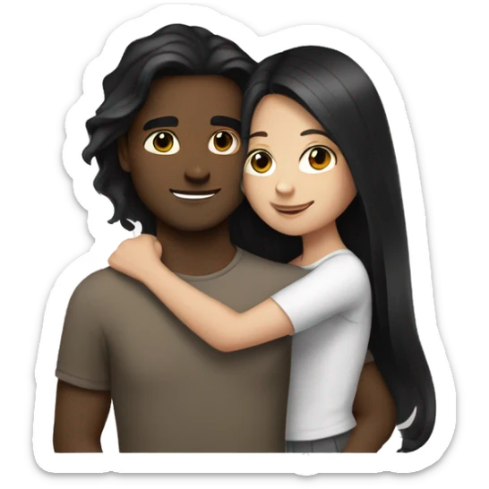 medium skin, Black long hair girl hugging with a fair white skin man with brown hair on top sticker