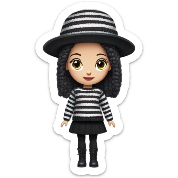 Bouclé Beauty Barbie, Wednesday Addams from academy, in dark-gray and black striped sweater with cute hat  sticker