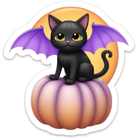 Cute black cat with bat wings sitting on a pumpkin holding a pastel Purple Heart sticker