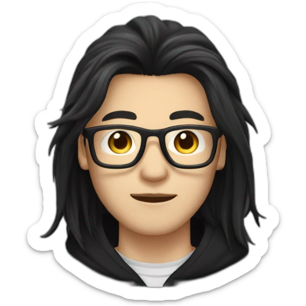 White skin Asian Guy with long black hair and square glasses and black hoodie sticker
