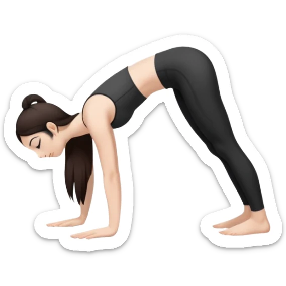 Девушка белокожая с правильными пропорциями тела стоит в позе собака мордой вниз, только человек, с длинными темными волосами, в коротком белом топе, в черных лосинах, с черными ресницами sticker