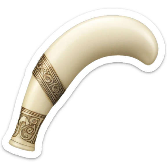 a long, slightly curved horn made from ivory , pale and polished to a soft shine  with a natural, ancient feel. Near the mouthpiece and the end, there are smooth silver bands, each engraved with intricate designs. sticker