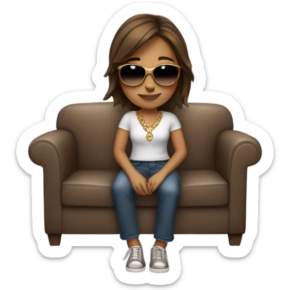 girl sitting on couch with brown hair sunglasses and gold necklace  sticker