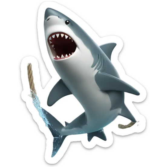 man holding a sharkwith a rope around its mouth and jumping out of water with it sticker