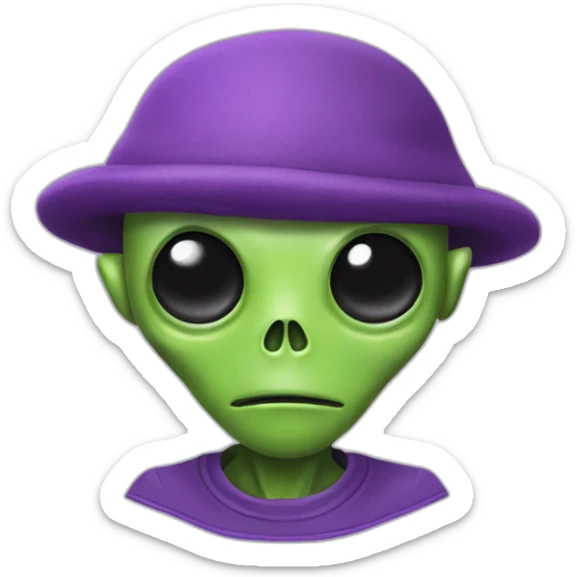 a small green alien with one eye. He wears a purple cap and a purple shirt with a skull on it. He has two small antennas protruding from his head. sticker
