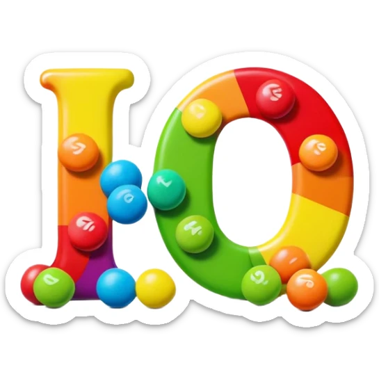 A stylized S letter made of rainbow colors next to a few green round candies, extremely minimal Skittles representation. sticker