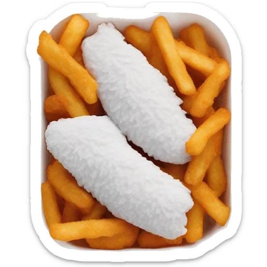 3 chicken tenders with crinkle fries and orange sauce on the side in a styrofoam container sticker