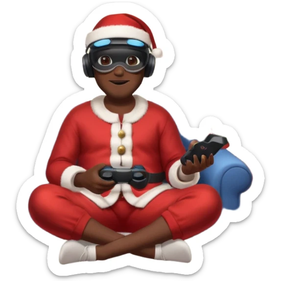 Homme noir, week-end détente, avec casque VR et manette PS 2025, assis dans un salon cosy décor Noël. Père Noël à côté, sourire amical, sapin illuminé, guirlandes et cadeaux au sol. Style réaliste, lumineux, ambiance festive & gaming. sticker