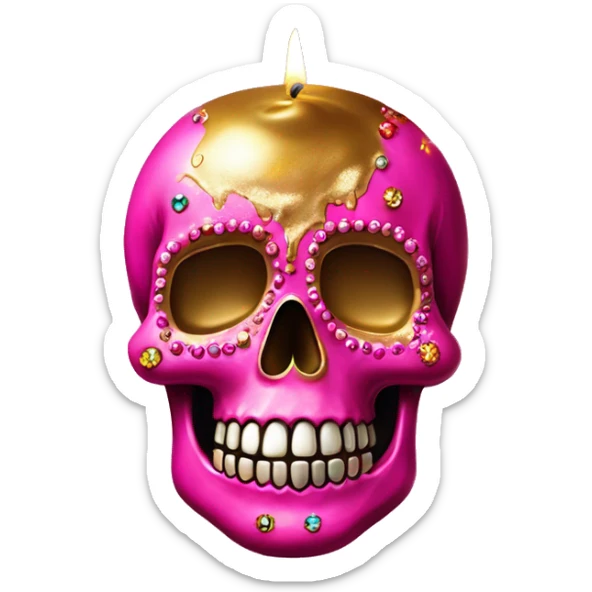 Realistic hot pink sugar skull decorated with colorful rhinestones with metallic gold candle on top of its head dripping meltdown metallic gold wax down skull sticker