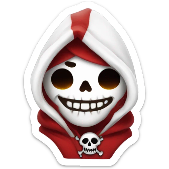 Cute, happy little skull wearing a red velvet hood with white fur trim. sticker
