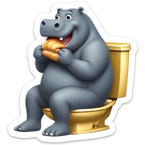 Fat hippopotamus eating a moly croissant while sitting on a golden toilet sticker