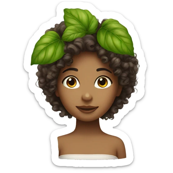A girl with curly hair and a leaf of basil in her hair sticker
