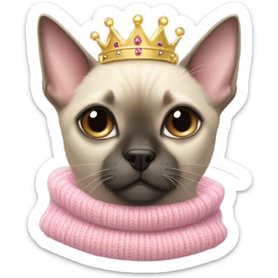 Siamese cat wearing a pink sweater and tiara hugging a light brown little dog wearing a grey sweater and crown sticker