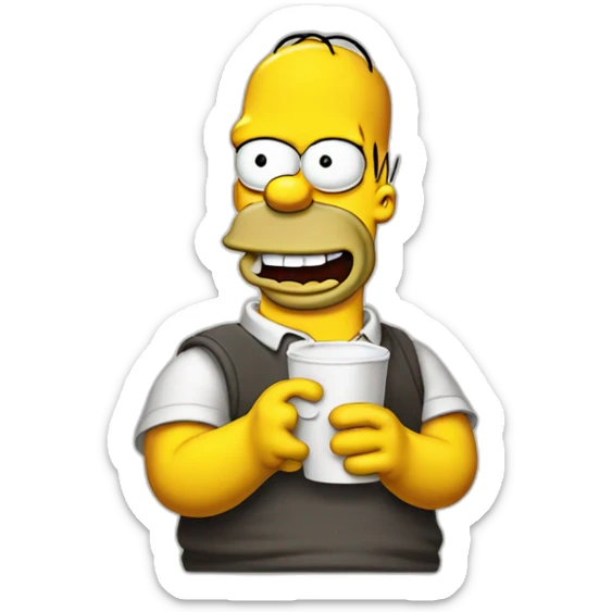 homer simpson holding a cup of coffee in one hand and a beer in the other sticker