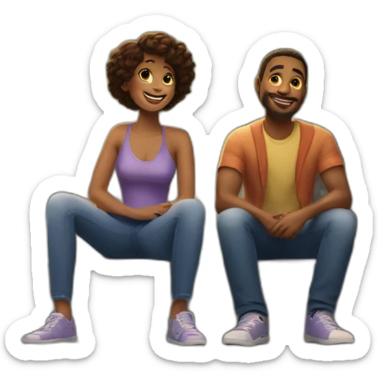 a couple for the Netflix film of 2023 "Happy Ending" sitting on the sidewalk, like they do in the poster for the film sticker