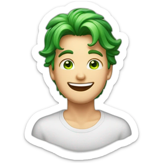 Imagine a jovial young man with slightly long hair, sparkling green eyes, and a fair complexion that reflects an expression of pure joy. His face lit up by a contagious smile, this em sticker