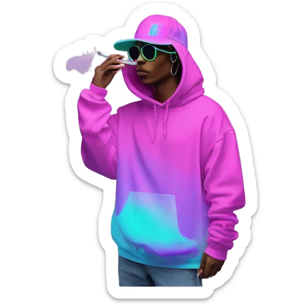 Multicoloured neon Vaporwave person smoking wearing hoodie dancing hip hop bucket hat tropical Skater fashion aesthetic baggy clothes graphic t shirt 420 sticker