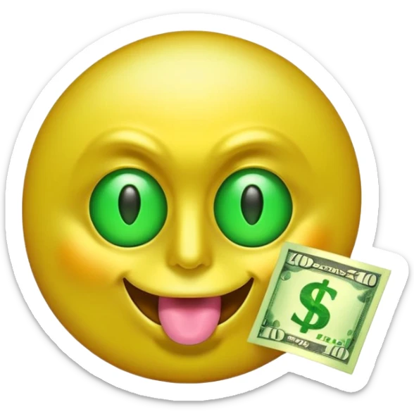 money face emoji. The face should be bright yellow, with exaggerated dollar-sign eyes glowing in neon green, and a tongue sticking out shaped like a crisp $100 bill. Add a shiny, golden aura behind the face sticker