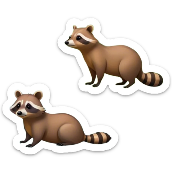 Collage of a raccoon and capybara in a lush, vibrant forest. The raccoon curiously looks around, while the capybara rests peacefully near a stream. The forest is full of green trees, leaves, and soft sunlight. A serene and natural background. sticker