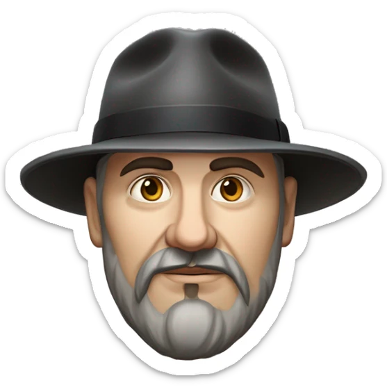 Russian writer Alexander Kuprin Photorealism A plump serious man of Slavic appearance with Small eyes with goatee beard and mustache, with a  short haircut, big detailed face, wrinkled face, wearing a fedora hat sticker