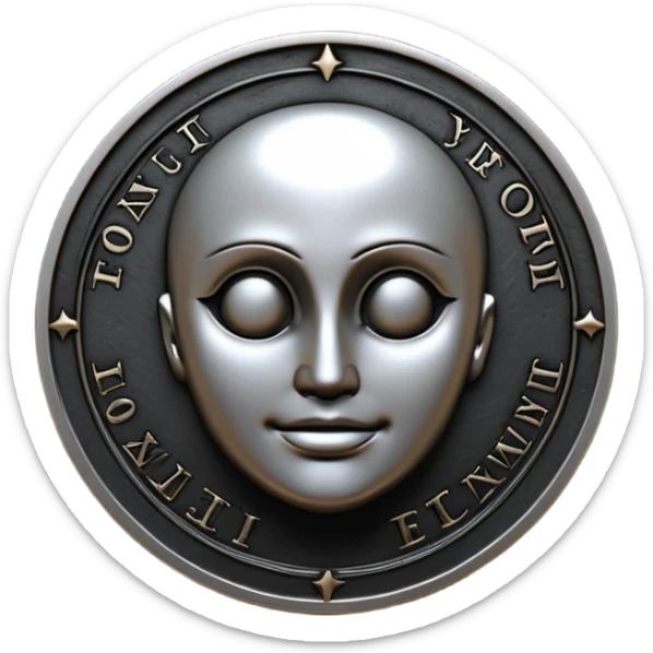 Emoji style, luxury gothic coin made of blackened metal, “FORTUNA” engraved in refined fashion typography, heavy sculptural form, subtle worn metal texture, avant-garde editorial aesthetic, no glow, no neon, flat emoji design, centered, transparent background sticker